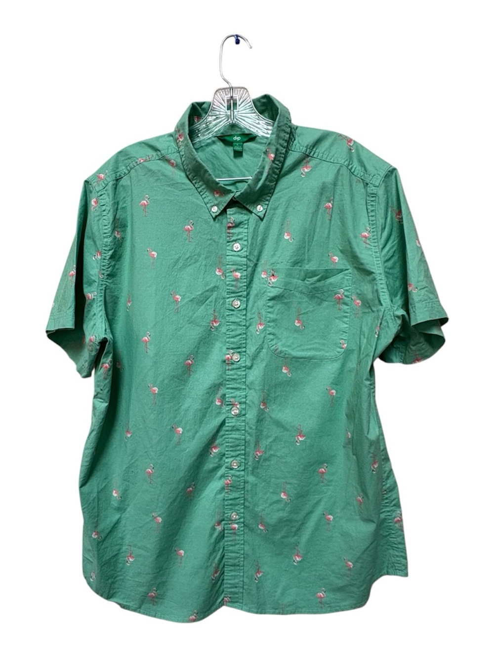 Men’s Large Mint Green Pink Flamingo Tropical Button-Up Shirt